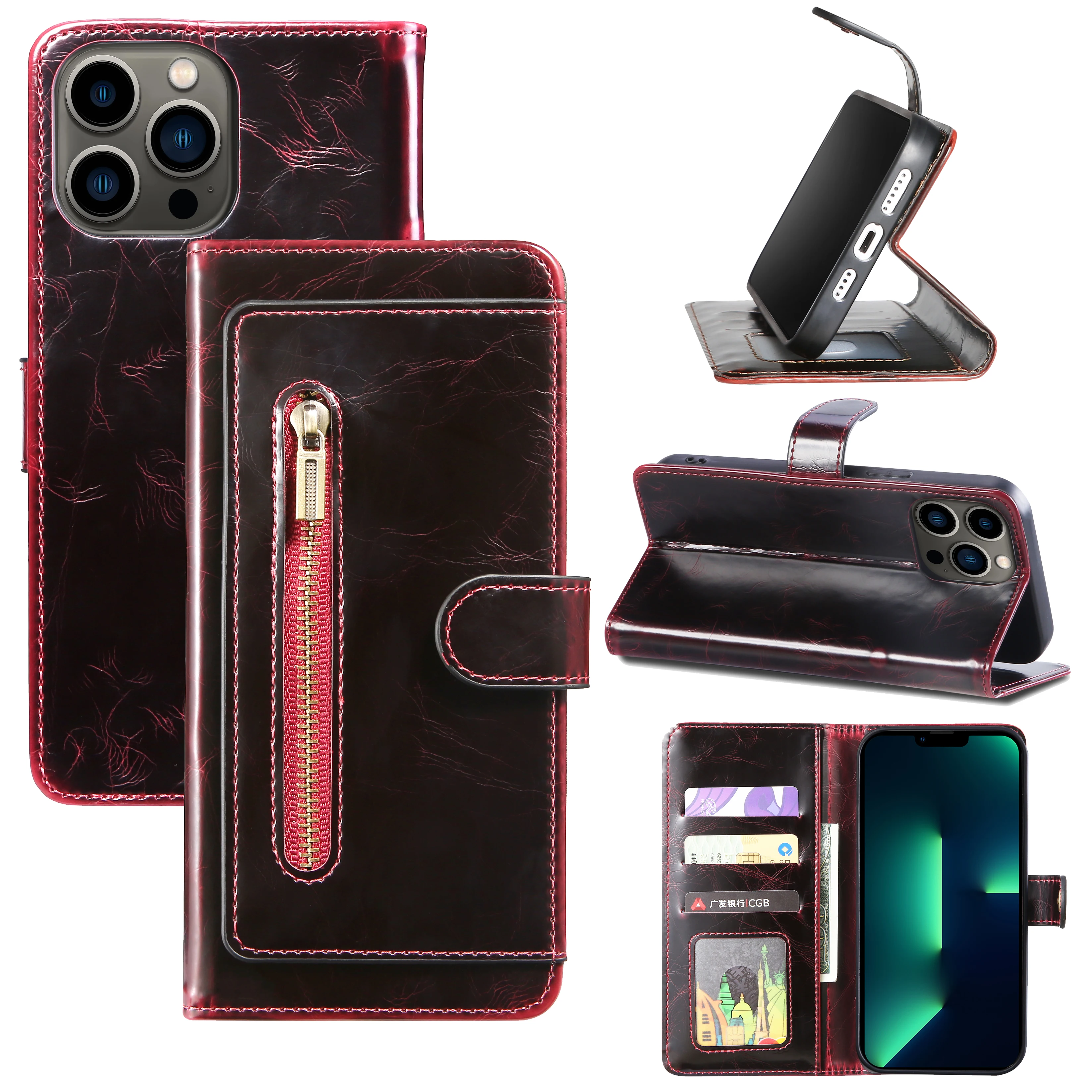 

Leather Zipper Wallet Case For iPhone 13 12 Pro Max Mini 11 XS XR X SE 2020 8 7 Plus Flip Cover Coque Card Slot Buckle