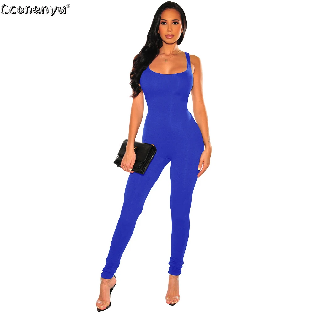 

2021 Summer Jumpsuit Women Solid Black O Neck Backless Sexy Rompers Bodycon Jumpsuit Female