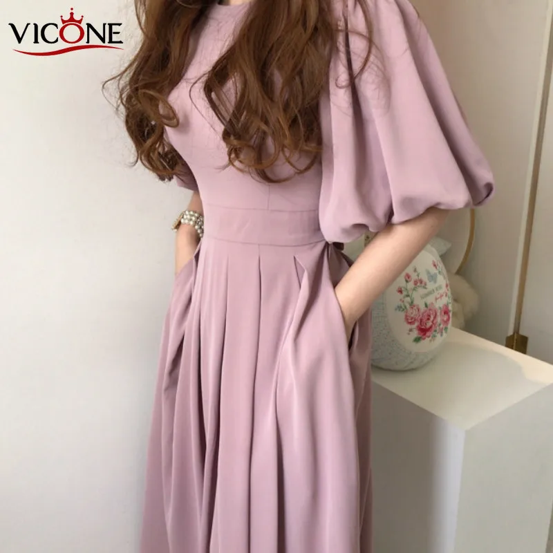 

VICONE Chic and elegant strap pleated lantern sleeve long dress