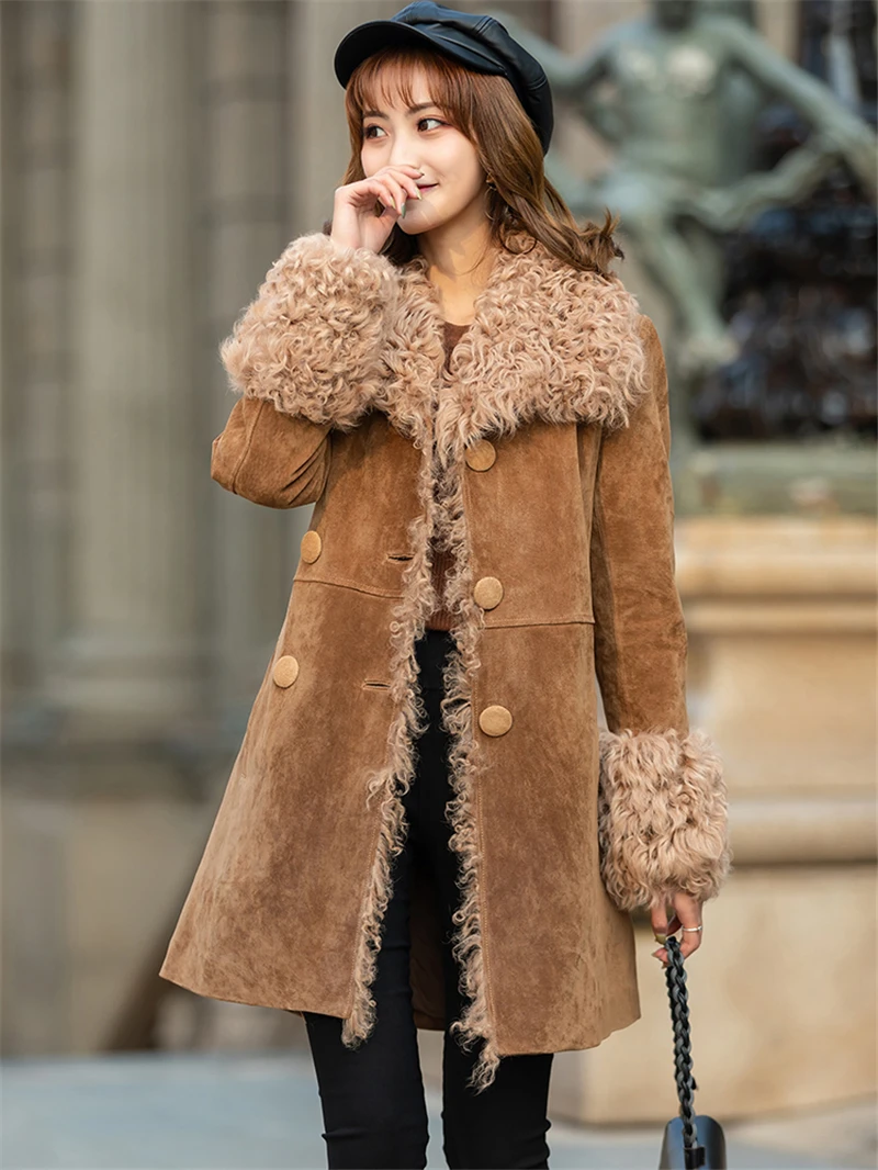 

PUDI CT931 Winter Women Warm Real Sheep Fur Coat Jacket Lady Genuine Pig Split Skin Leisure Girl Long Fur Coats Overcoat