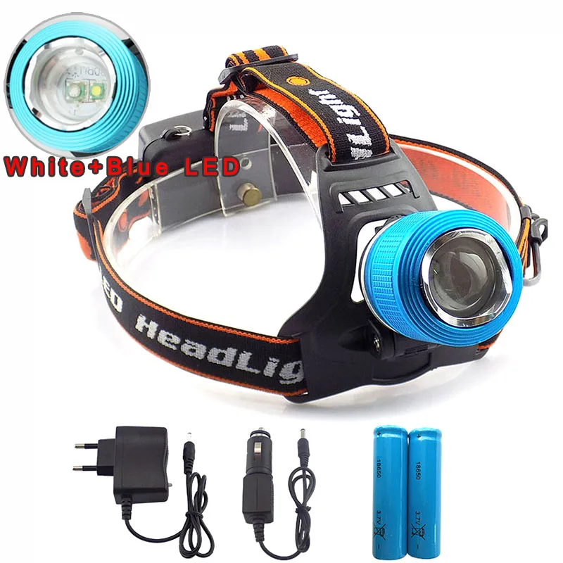 

2 LED white blue Q5 Headlamp Zoomable Focus Frontale fishing camping Head Lamp light high powerful Flashlight Torch HeadlightR1