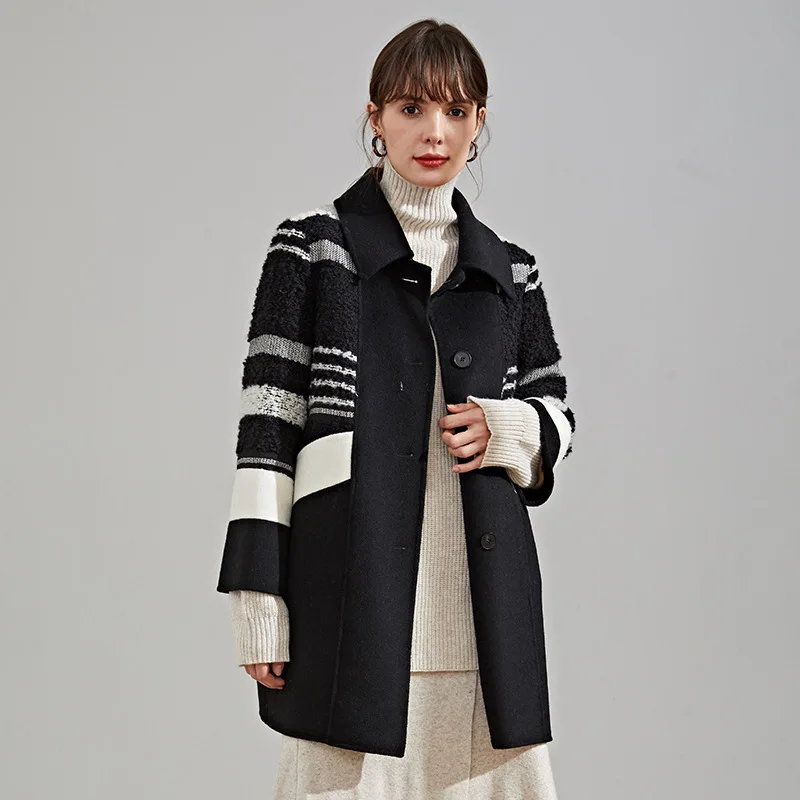 

2020 winter double-sided wool coat black and white mixed color woolen women coat mid-length loose woolen coat