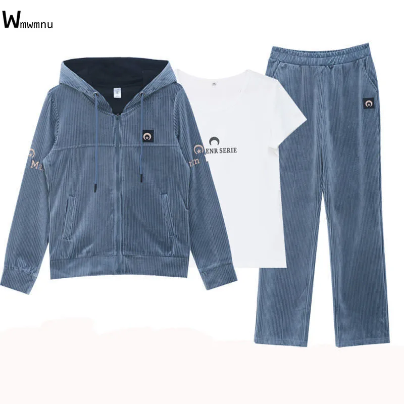 

Trendy Thicken Corduroy 3 Piece Sets Casual embroidery Hooded Sweatsuits Vintage Short Tops And Pants Oversize Tracksuit Fall