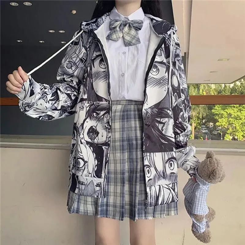 

Japanese Womens Windbreaker Cartoon Hoodie Autumn Varsity Jackets Plus Size Girl Pocket Kawaii Clothes Sweatshirt with Zipper