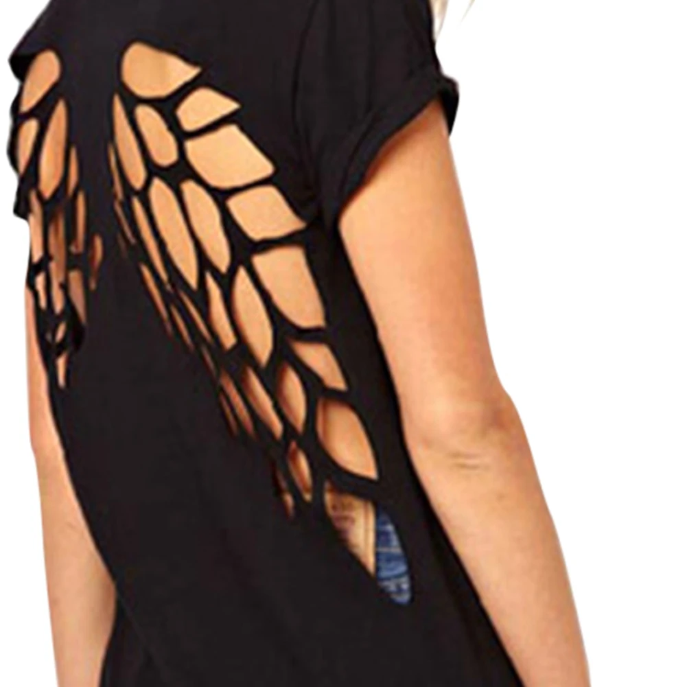 Summer Ladies Solid Tops Sexy Back Hollow Out Angel wing T Shirt Fashion O-Neck Top Laser Cut Women Short Sleeve T-Shirts | Женская