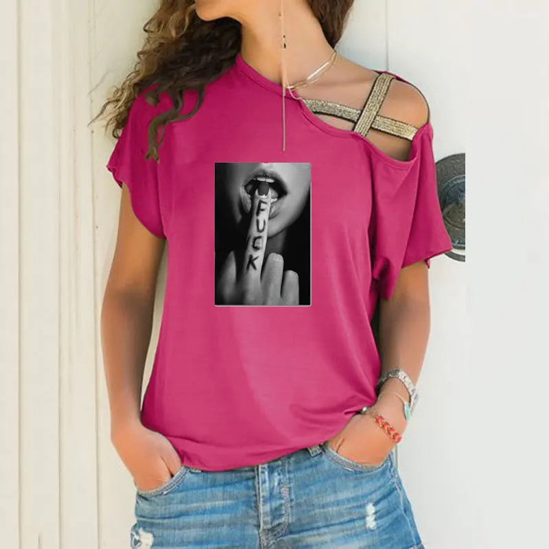 

Футболка женская летняя с коротким рукавом, модная пикантная с абстрактным и крутым принтом граффити на плечах и перекрещивании, женская од...