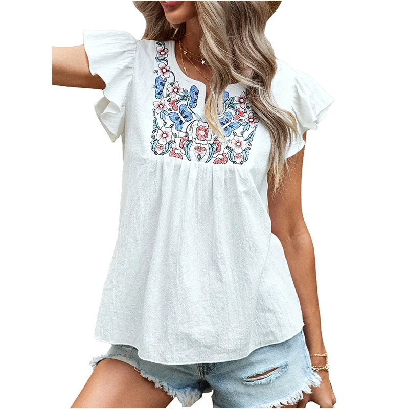

2021 summer new European and American women's casual lotus leaf sleeve embroidery stitched cotton white top