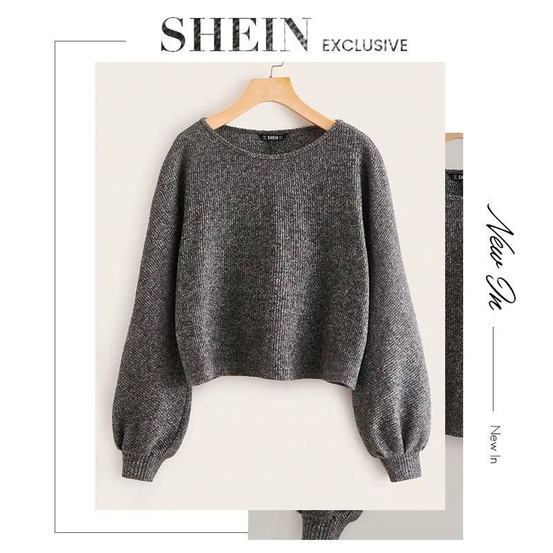 SHEIN серый топ с вырезом лодочкой в рубчик, повседневный Топ, Женский Осенний топ с высокой улицей, с рукавом Бишоп, офисные женские базовые футболки