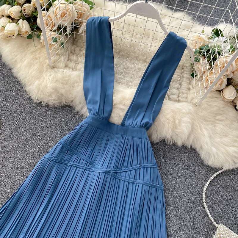 Платье SINGRAIN женское Плиссированное на бретельках Длинное Элегантное однотонное