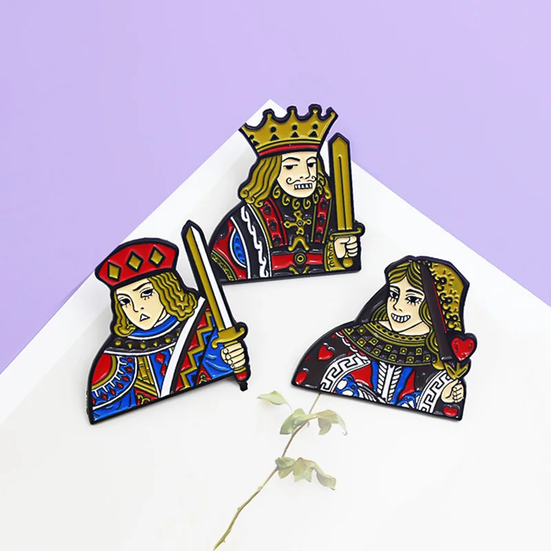 Брошь "Покер J Q K" Король и Королева Рыцарь Значок эмалированный Настраиваемая Брошь для сумки, рубашки, подкладки для женщин, ювелирное изделие, оптовая продажа.