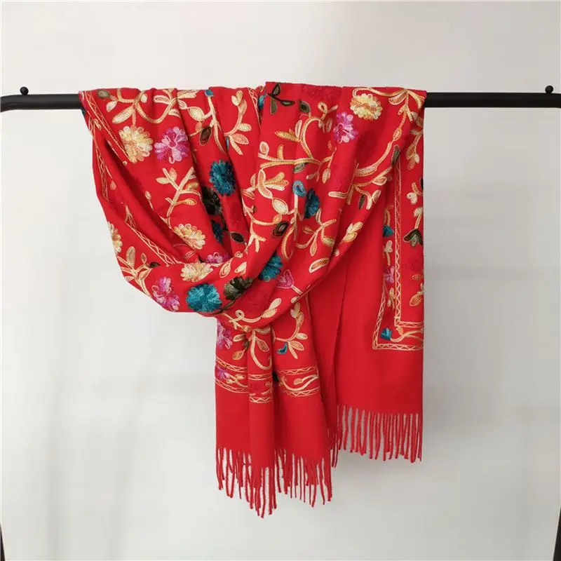 

New Ladies Scarf Embroidered Flower Artificial Cashmere Female Fashion Elegant Ethnic Style Big Shawl Keep Warm Neckerchief