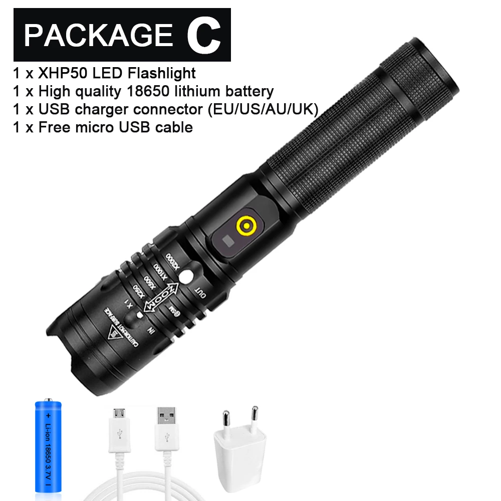 Package C Супер яркий светодиодный фонарь XHP50 с 3 режимами освещения, масштабируемый фонарь, подходит для использования на открытом воздухе, аккумулятор 18650 - Испускаемый цвет: Package C