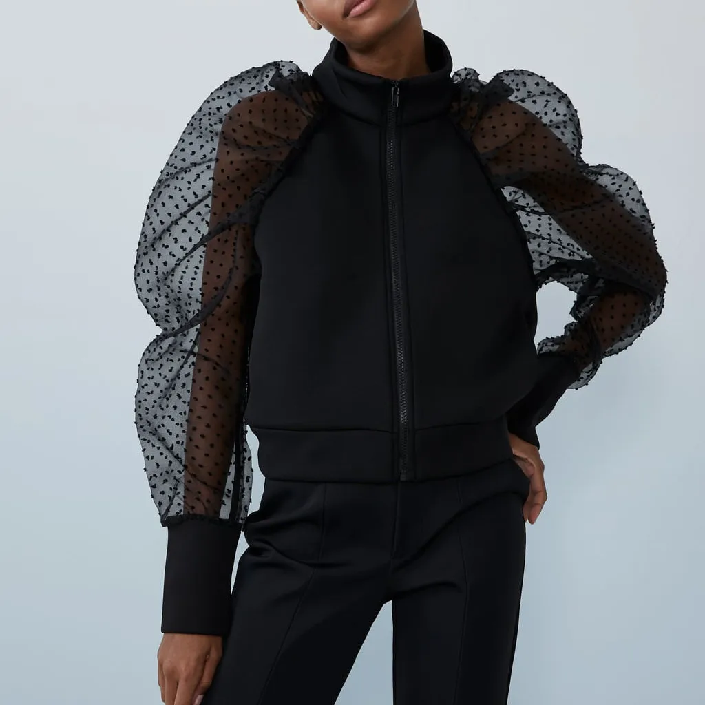 Модная женская однотонная блузка с воротником стойкой в горошек пышными