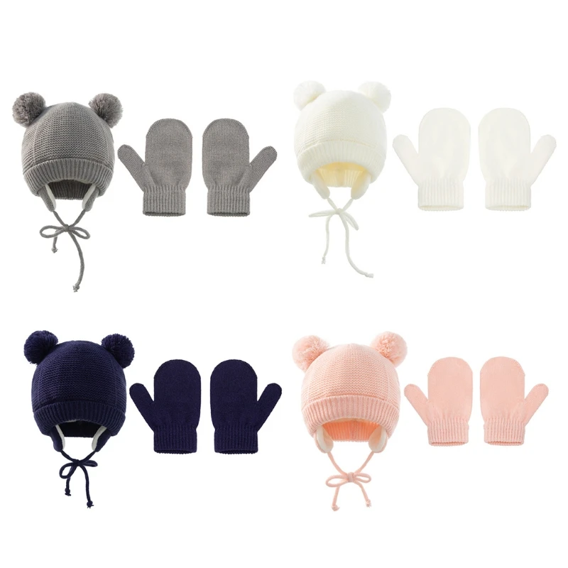 

Dropshipping Winter Warm Baby Solid Color Ear Flap Hat Gloves Set Cute Ears Beanies Mitten Kit for Toddler Girls Boys Hat