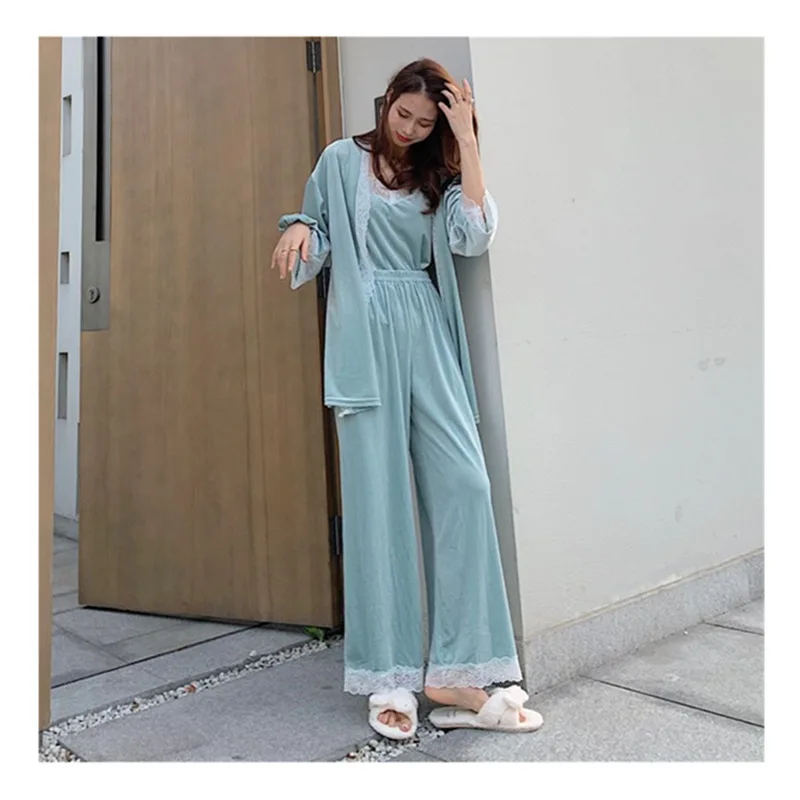

2020 New Spring Autumn Sleepwear Women V-neck Lace Sexy Long-sleeve Soild Elegant Three-pieces Gold Velvet Pajamas Long Pants