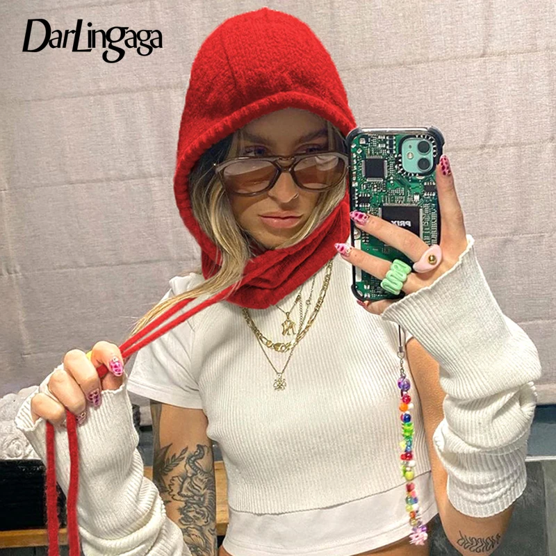 

Darlingaga Fashion Solid Knitted Autumn Winter Hooded Scarf Women's Hat Streetwear Warm Earflap Hat Cap Soft Korean Basic Ladies