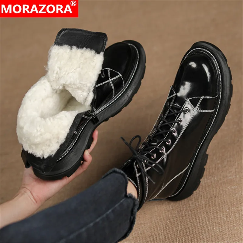 

MORAZORA 2022 Newest Flat Shoes Women Genuine Leather Boots Lace Up Warm Wool Snow Boots Casual Winter Ankle Boots Women