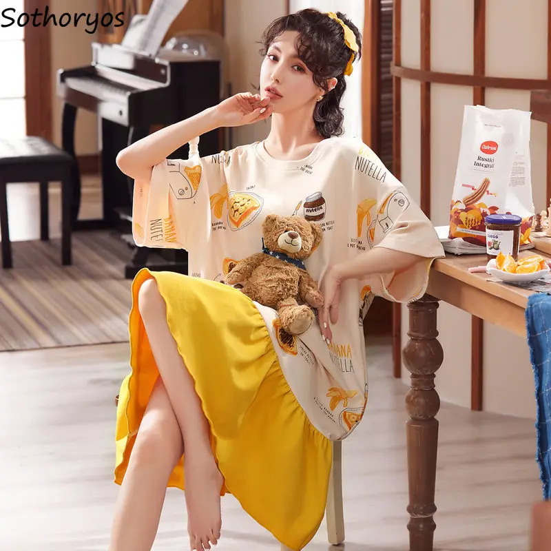 

Summer Nightgowns Women Ruffles Batwing Sleeve Printed Basic Cozy Ladies Sleepshirts Japanese Fashion Loungewear Loose Casual