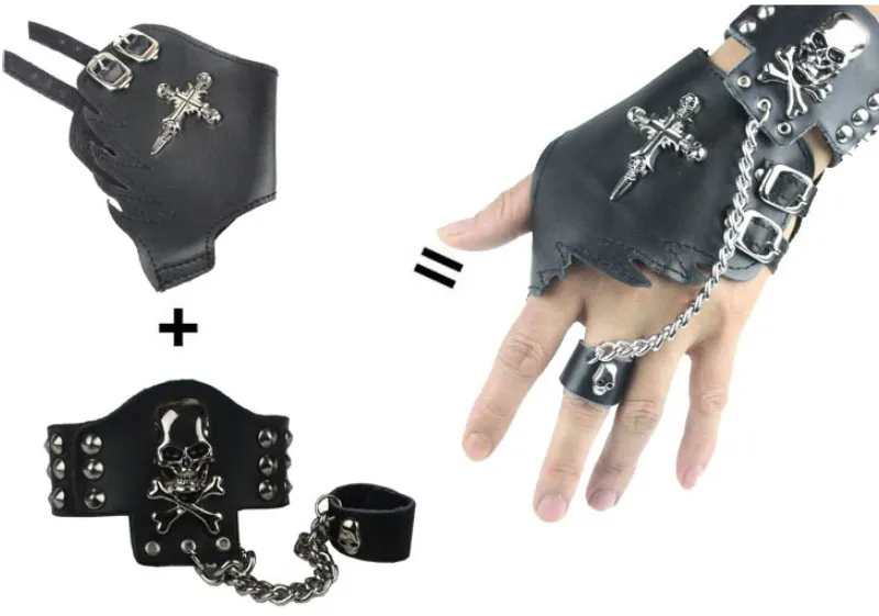 Половинчатые перчатки Half-finger Breaking Non-mainstream Street Dance Personality Performance Half-Punk Skeleton Chain из кожи.