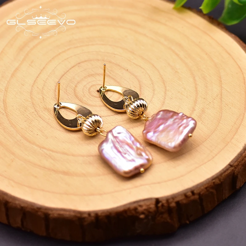 Женские серьги-подвески GLSEEVO геометрические с натуральным жемчугом фиолетовый