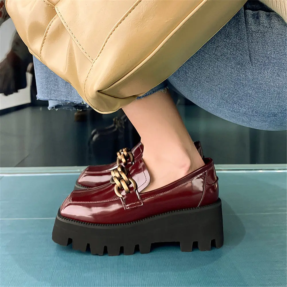 

RIBETRINI Genuine Leather Female Solid Slip On Square Toe Platform Shoes Women Pumps Chunky Heel Quality Casual Pumps