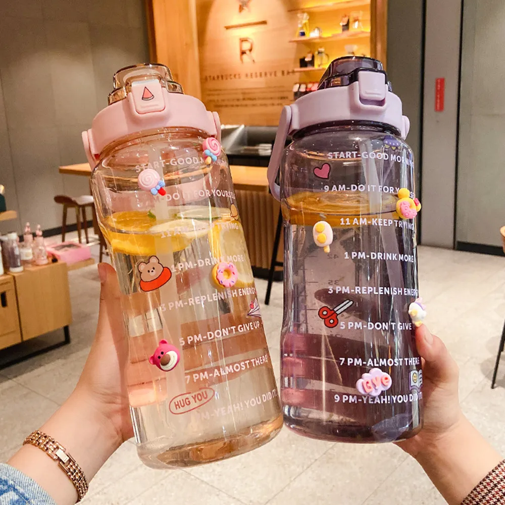 Portable Large Capacity 2L Sports Straw Water Bottle With Stickers Fitness Bike Cup Summer Student Drink Jug Time Marker | Дом и сад