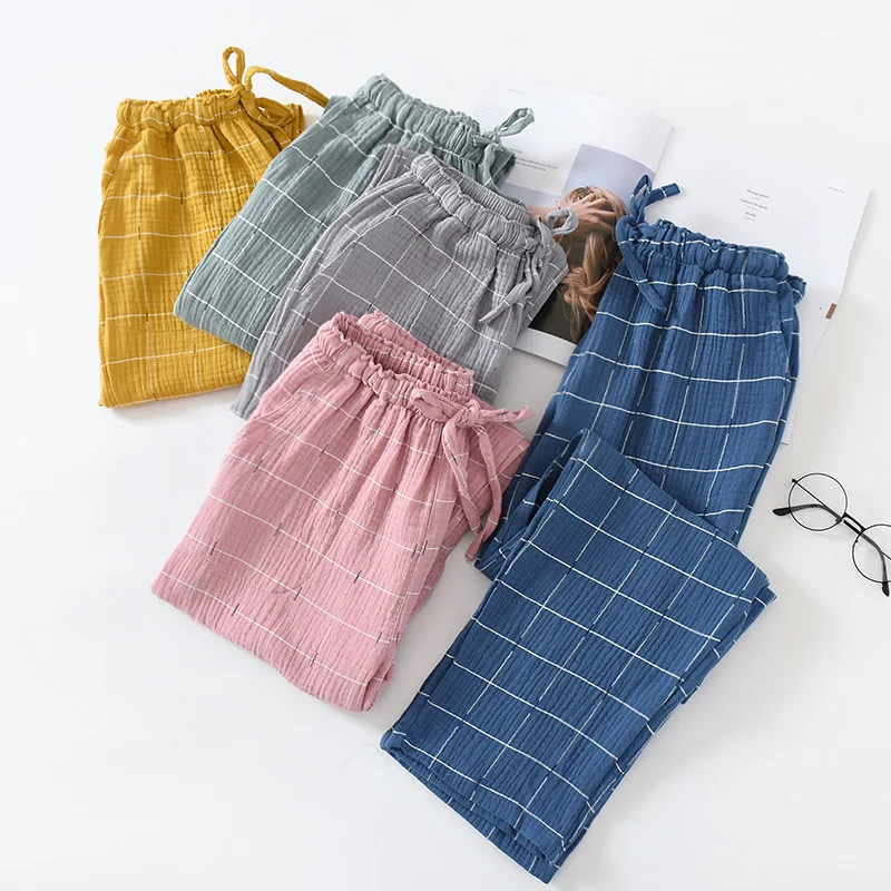 Summer Cotton Gauze Sleep Bottoms Men Simple Plaid Sleepwear Pants For Male Casual Spring Loose Women Long Pants Home Trousers