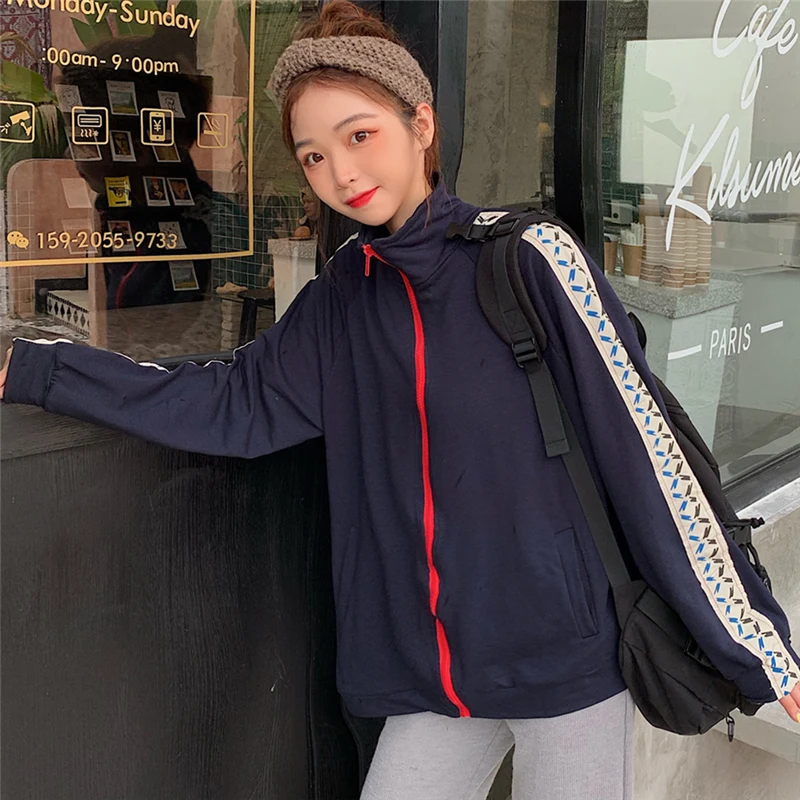 2020 new women sweetshirts hoodies vintage casual hooded korean hoodies women patchwork zip up hoodies women