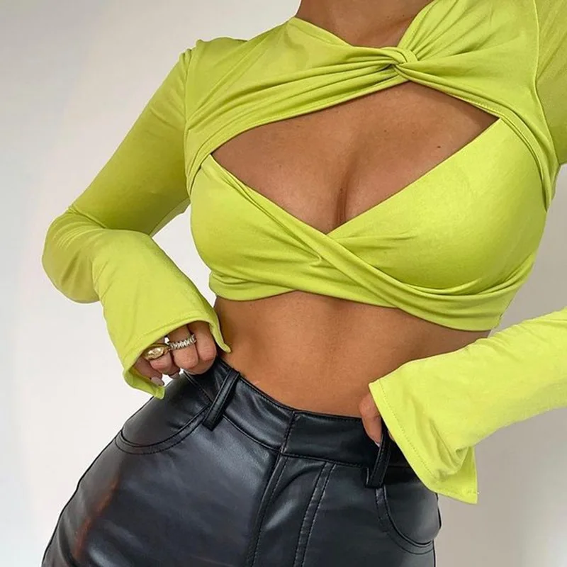 

Fall Fashion Tops Women 2021 Long Sleeve Bodycon Top Green Cut Out Sexy Crop Top Blouses Slim Fit for Party Club