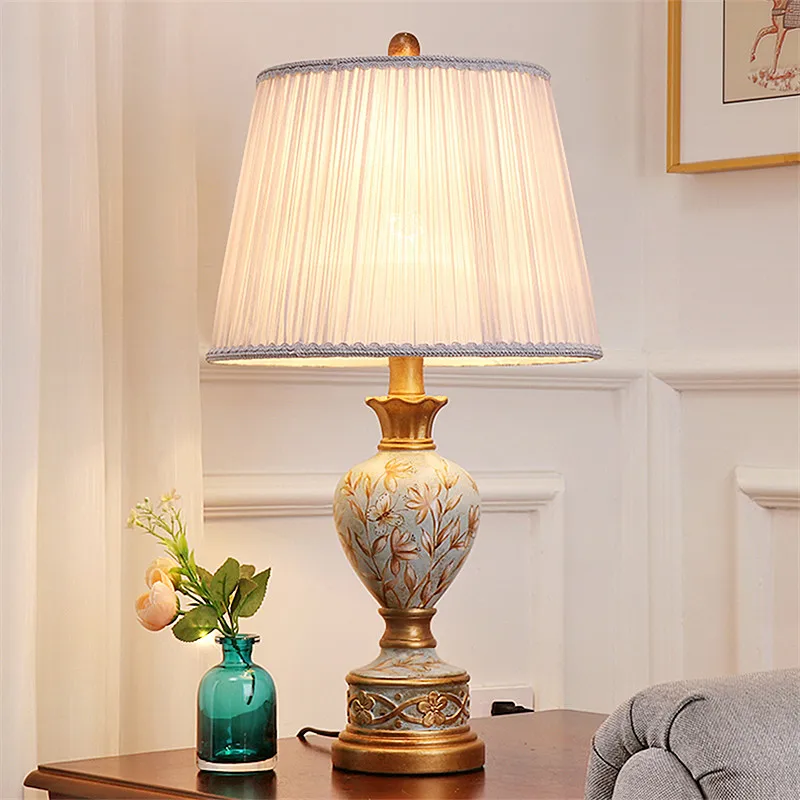 

Chinese Style rural painted resin Table Lamps American Classic romantic touch switch fabric lamp for bedside&foyer&studio LBO026