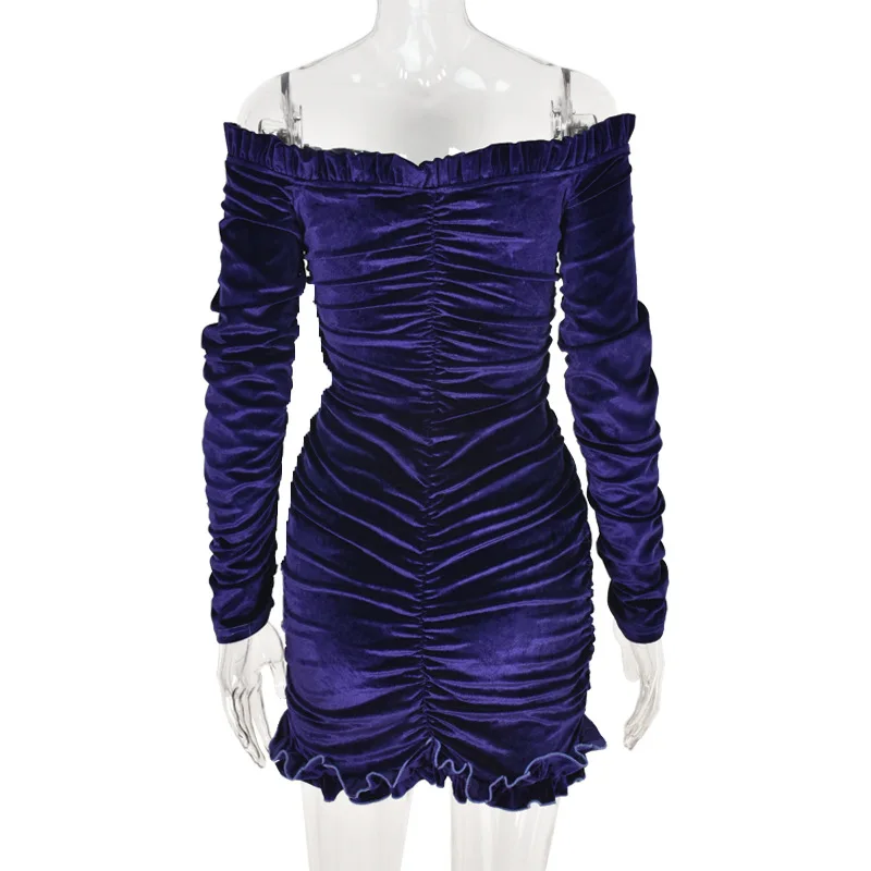 

Ruched Sexy Skinny Lace Up Women's Dress Bodycon Club Party Dresses Long Sleeve Off Shoulder Ruffles Dress Autumn For Women