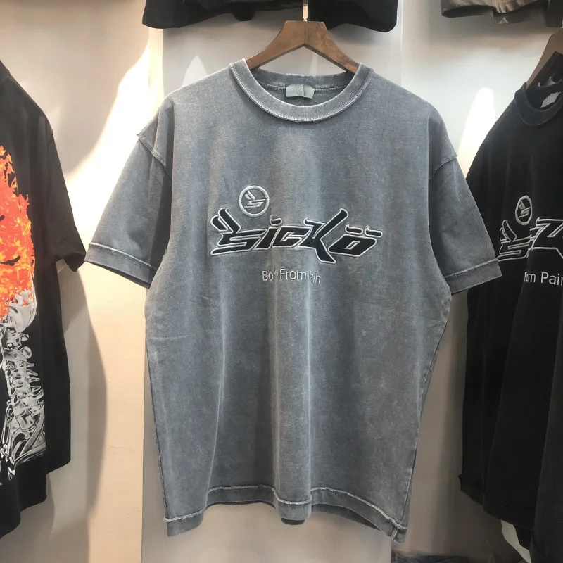 

Вышитая серповидная футболка для мужчин и женщин, лучшее качество, хорошо Промытые тяжелые тканевые топы, футболка, Мужская одежда, оверсай...