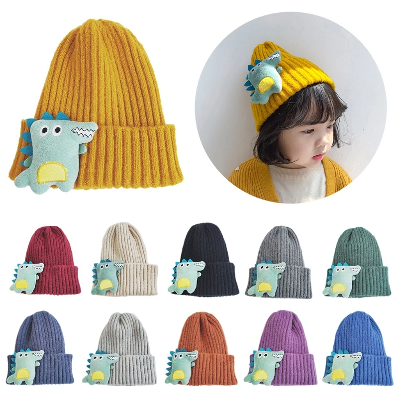 

Winter Cartoon Dinosaur Toddler Kids Baby Beanie Hat Stuffed Toy Ribbed Knit Solid Color Cuffed Skull Cap Ear Warmer