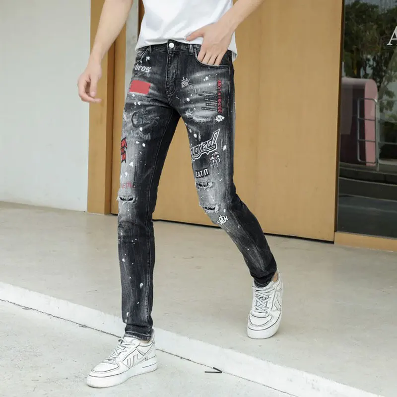 European American Street Fashion Men Jeans Retro Gray Elastic Slim Ripped Jeans Men Patches Printed Designer Hip Hop Denim Pants