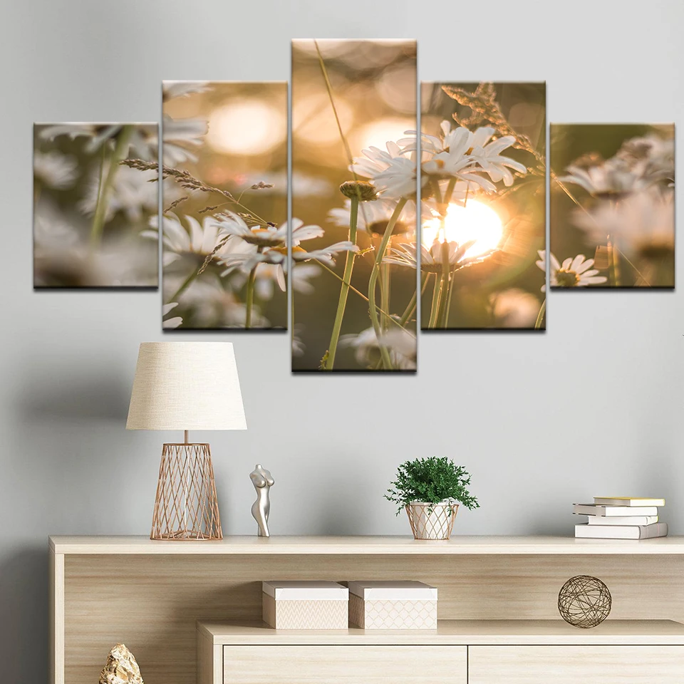 Модульная Картина на холсте домашний декор 5 шт. маргаритки солнечный свет