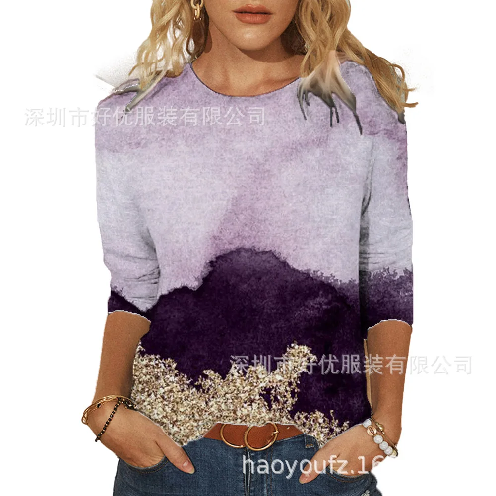 

2021 Summer New Style Landscape Painting Positioning Printing Three-Quarter Sleeve Pullover Tshirt Top Oversized 24 Colors Tops