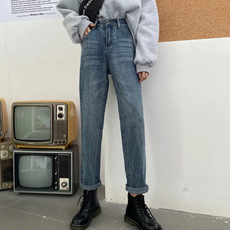 

Jeans Women Retro Loose Straight Trousers Blue Korean Style Leisure Chic Womens Simple Solid Streetwear All-match Harajuku Jean
