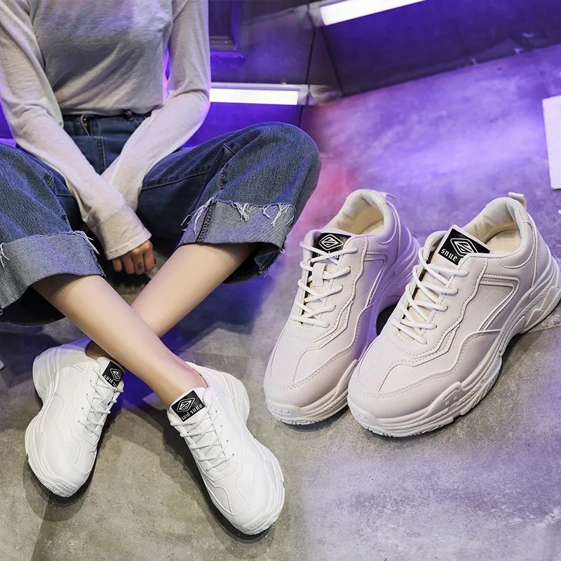 

2020 ladies spring and autumn and winter new fashion thick sole lace casual sneakers breathable slip wear small white shoes