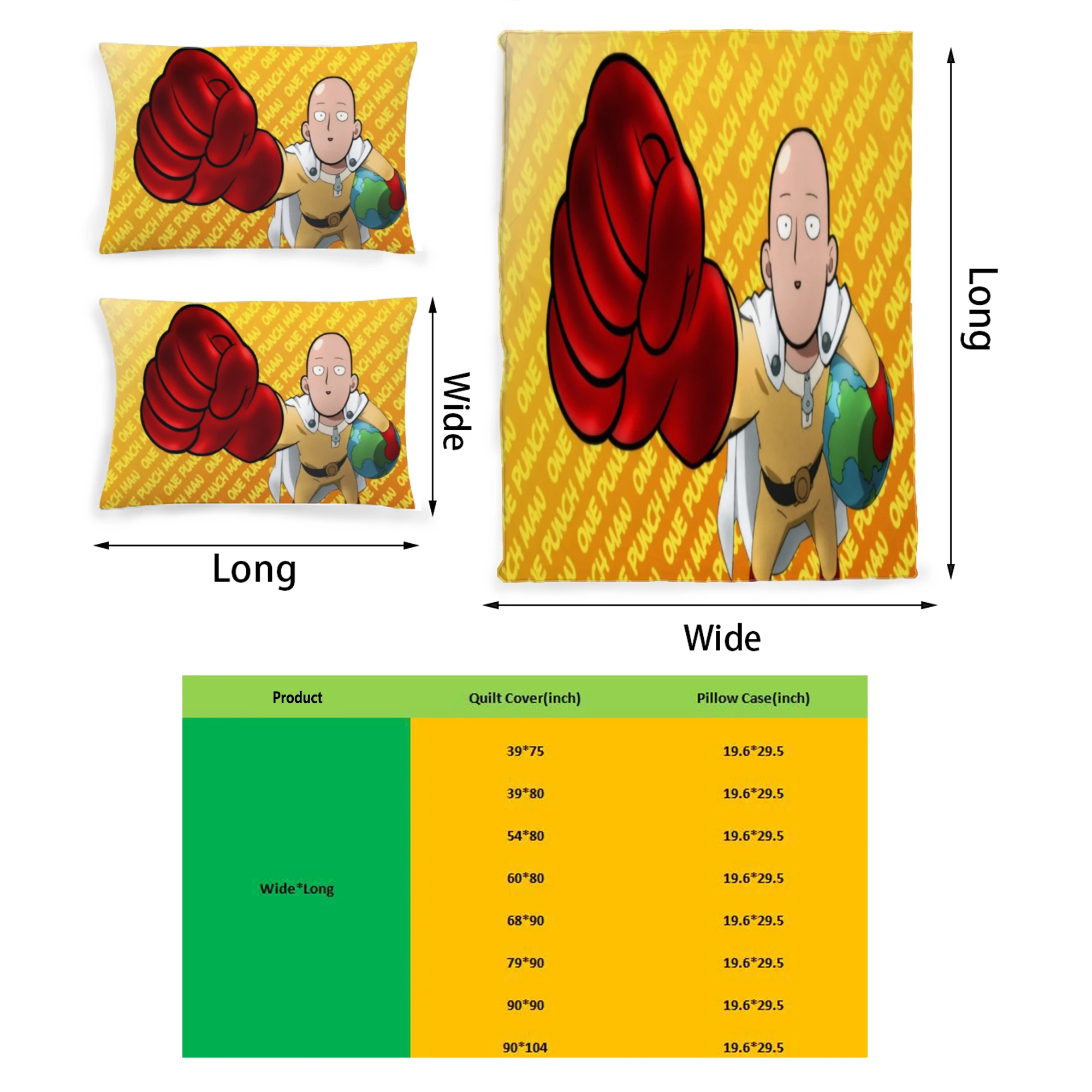 

One Punch Man Graphic Printed Bedding Set Pattern Printing Polyester Quilt Cover Set 3 Pieces Quilt Cover Pillow Cover Set