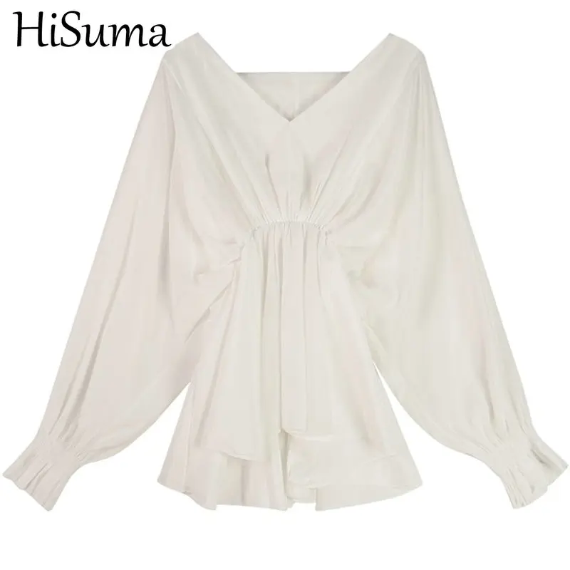 Осенняя Женская плиссированная рубашка HISUMA с V-образным вырезом и рукавами летучая мышь, Повседневная Женская эластичная Свободная блузка с высокой талией