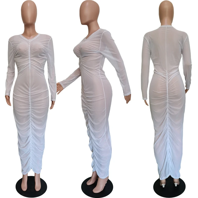 

Autumn Winter Sexy Dress Lovely Mesh Solid Shirring Party Maxi Dresses for Women Club Y2k Clothes Vestidos Wholesale Items