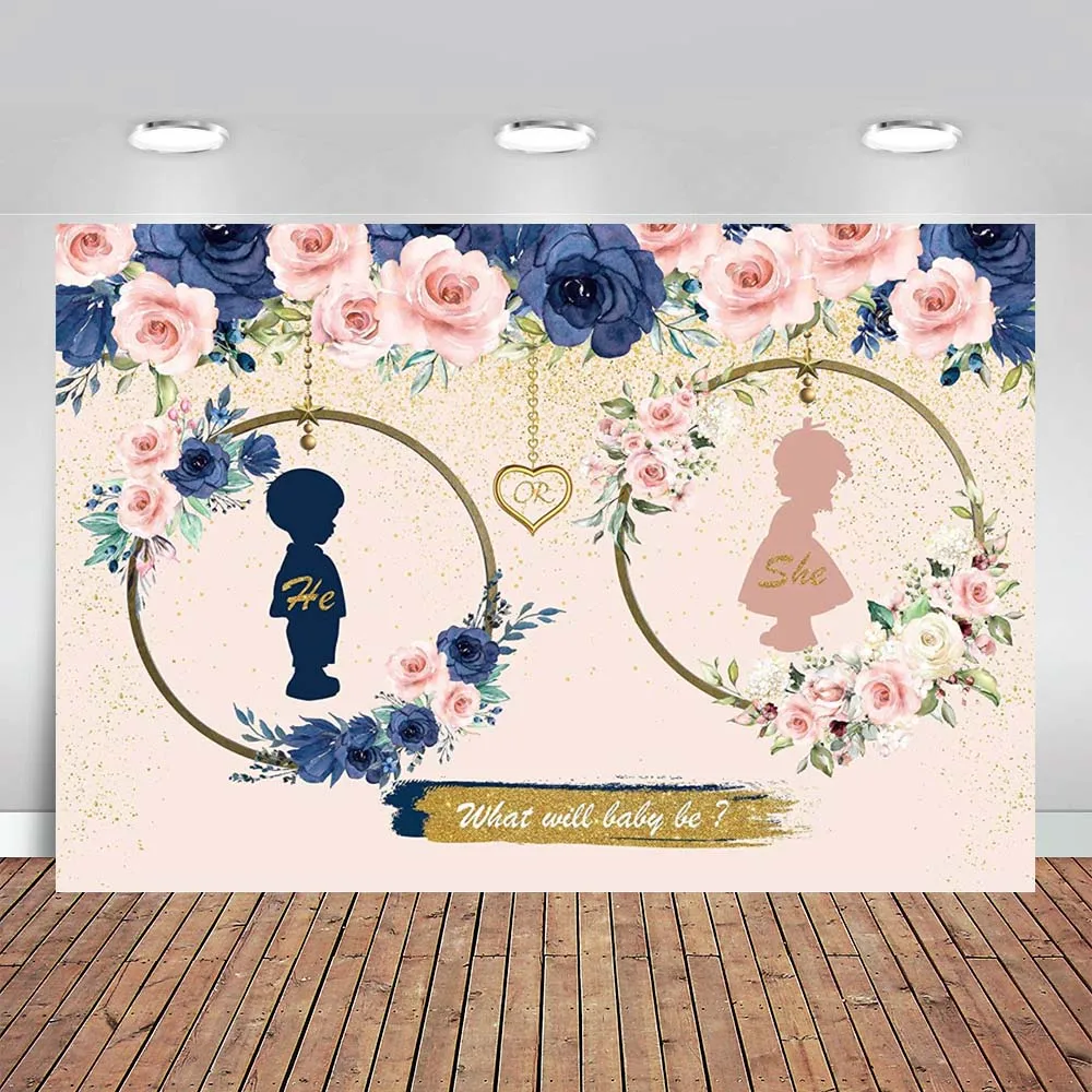 Navy and Blush Gender Reveal Backdrop Photography He or She What Will Baby Be Welcome To The Birth of Newborn Banner Background