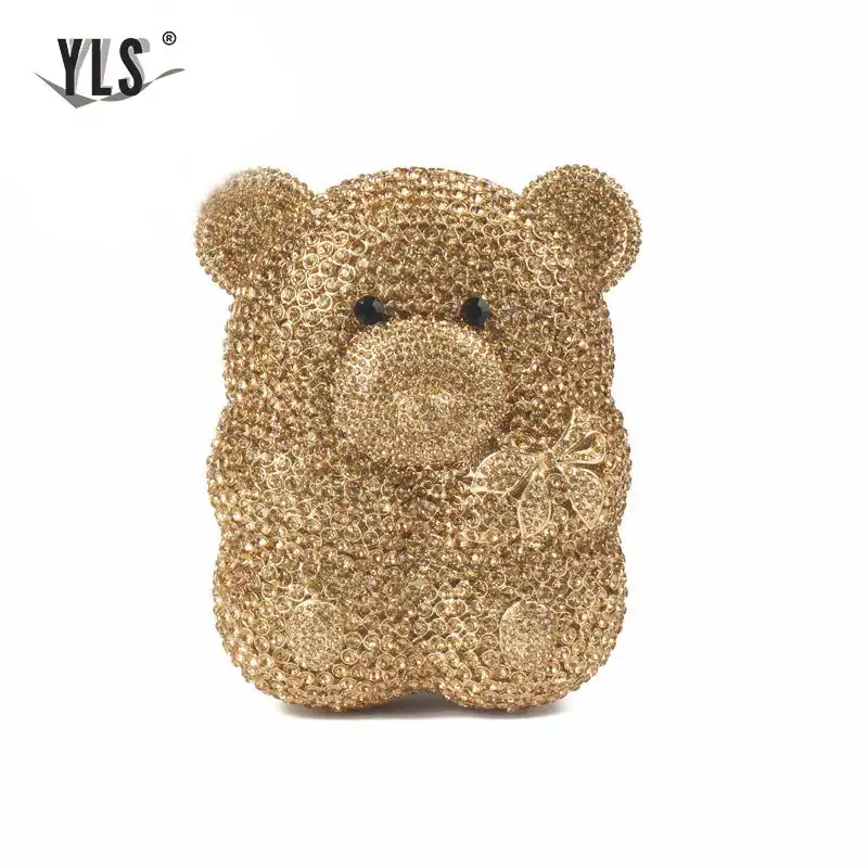 Золотистый вечерний клатч Женский Стильный в виде медведя панды с кристаллами