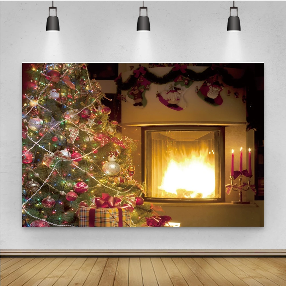 

Laeacco Winter Christmas Tree Background Fireplace Socks Gift Room Decor Birthday Photographic Photo Backdrop For Photo Studio