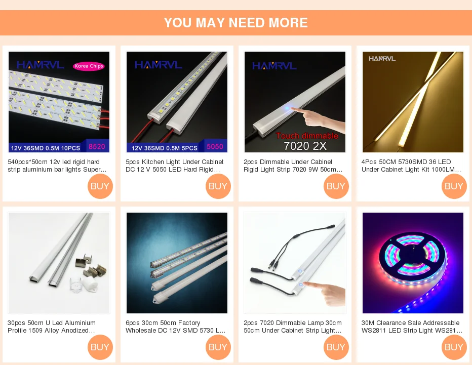 2pcs 7020 Dimmable Lamp 30cm 50cm Under Cabinet Strip Light Touch Switch Control Kitchen Led Bar Rigid Home DC 12V Wardrobe