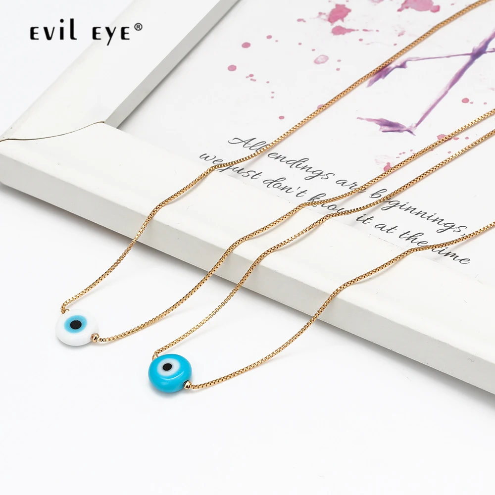 EVIL EYE White Blue Turkish Evil Eye Bead Necklace Copper Gold Color Long Chain Necklace Fashion Jewelry for Women Girls BE50