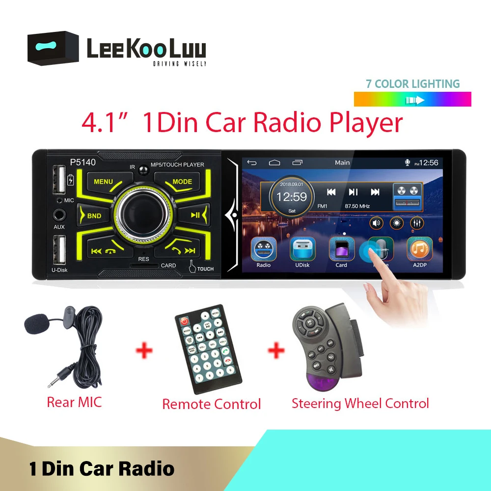 Автомагнитола LeeKooLuu 1 Din 4 дюйма емкостный сенсорный экран Авторадио Bluetooth задняя