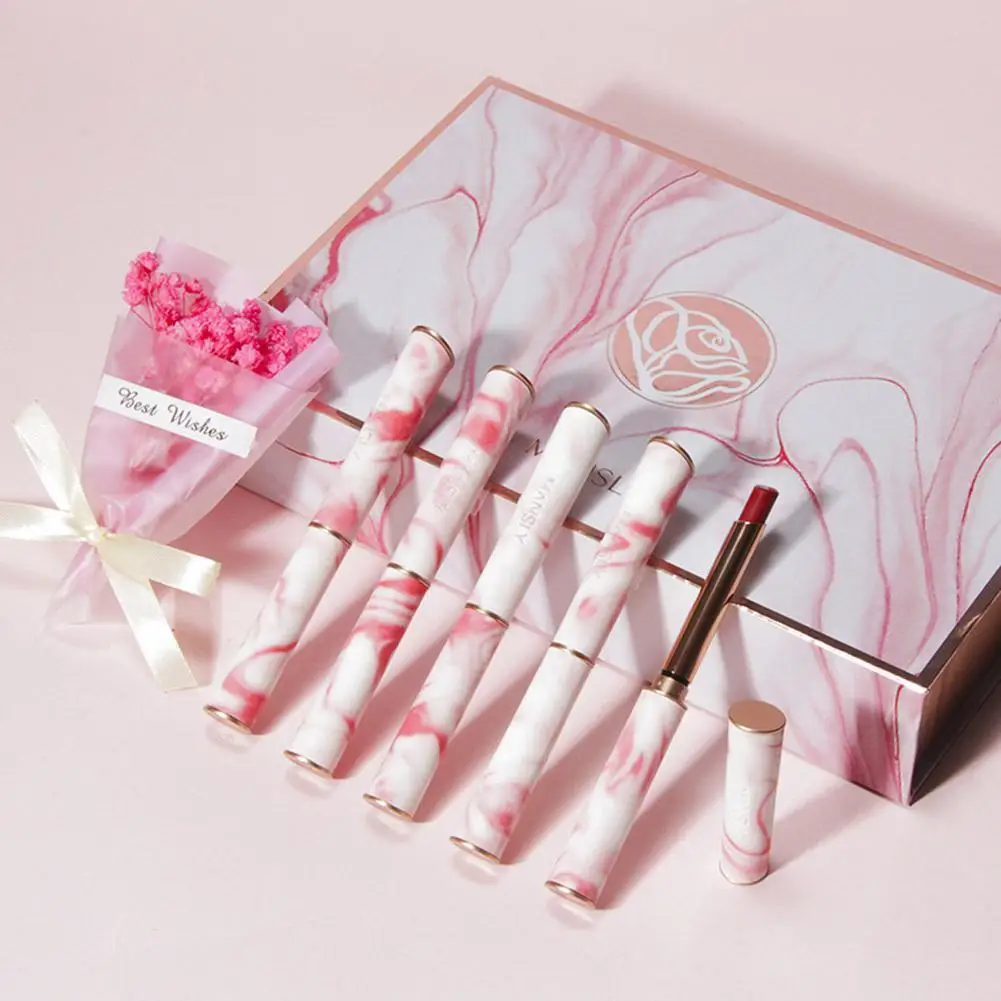 

MANSLY Rose Lipstick Powder Mist Small Thin Tube Matte Velvet Lipstick Gift Box Birthday Gift Female Makeup Cosmetics 5PCS TSLM2