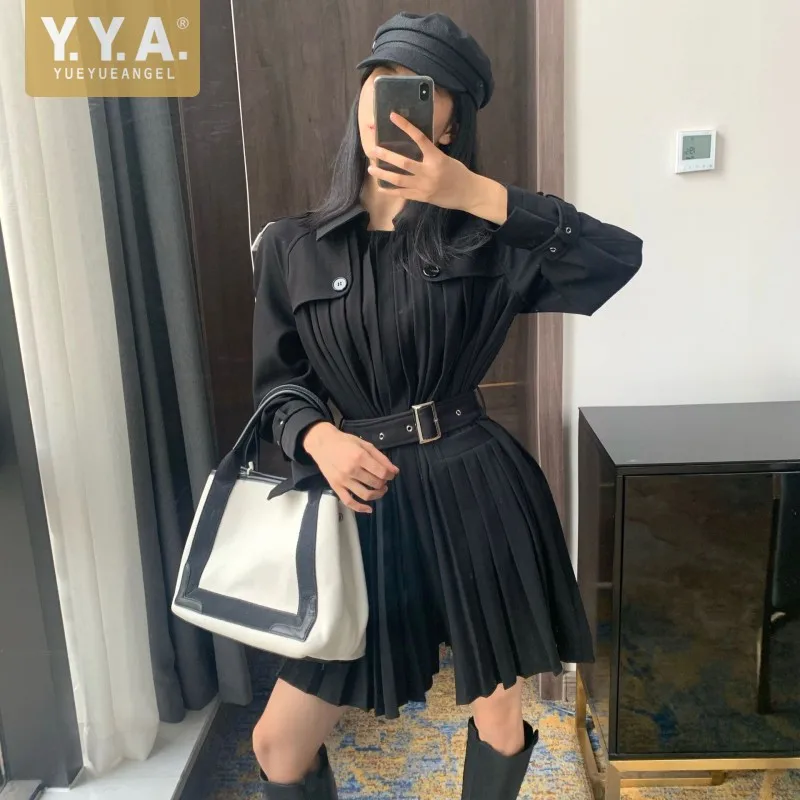 

Autumn Windbreakers Outerwear Womens Overcoat Designer Single Breasted Sashes Pleated Trench Office Ladies Elegant Black Coats