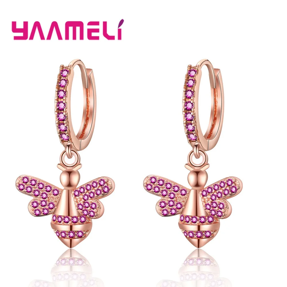Rose Gold Pink Серьги для женщин отличный полный кубический цирконий пчела мотаться розовое золото цвет модные женские Девушки Танцы вечерние ювелирные изделия - Окраска металла: Rose Gold Pink